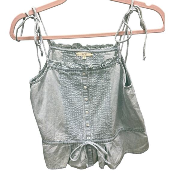 AE77 Light Blue Chambray Peplum Tank Top Tie Straps Size Small - Picture 1 of 3